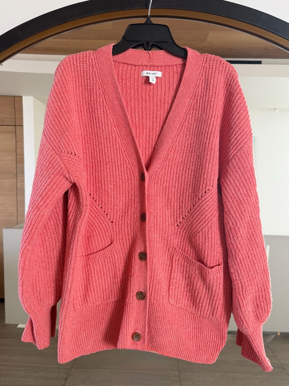 Nine West Ribbed Knit Button Front Cardigan Sweater Medium Coral
